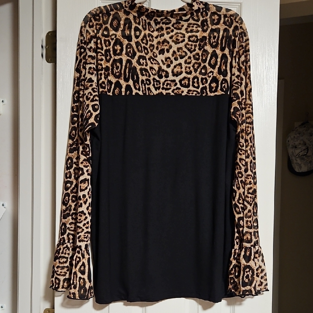 Leopard Print Sheer LS Blouse Size 3XL